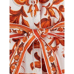 orange Shirt with all-over Maiolica print and waist belt in silk for women