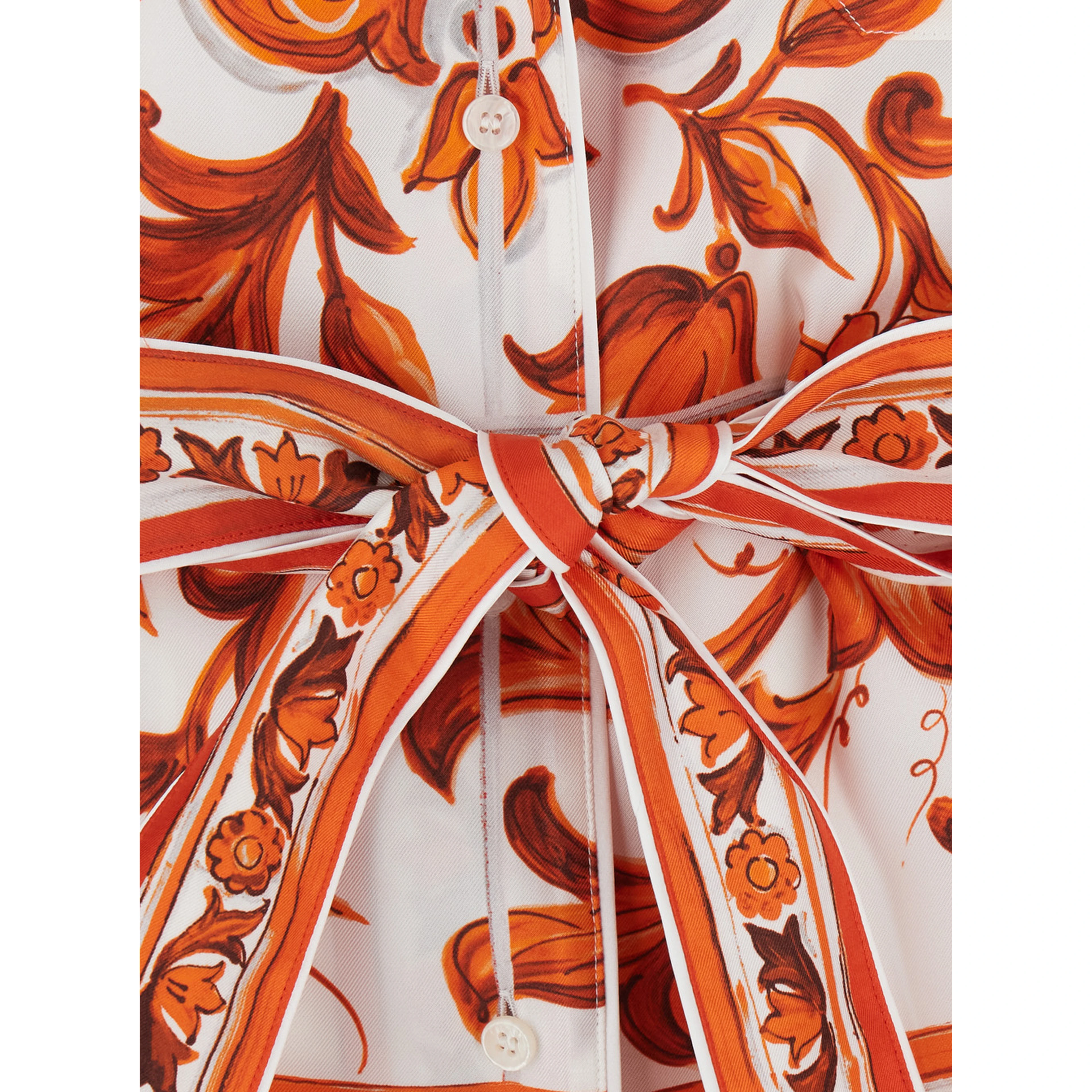 orange Shirt with all-over Maiolica print and waist belt in silk for women