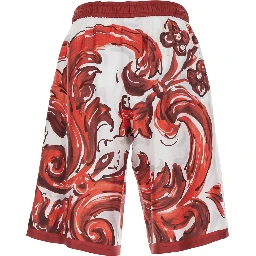 Bordeaux Bermuda Shorts with elasticated waist and drawstring and all-over Maiolica print in silk for men