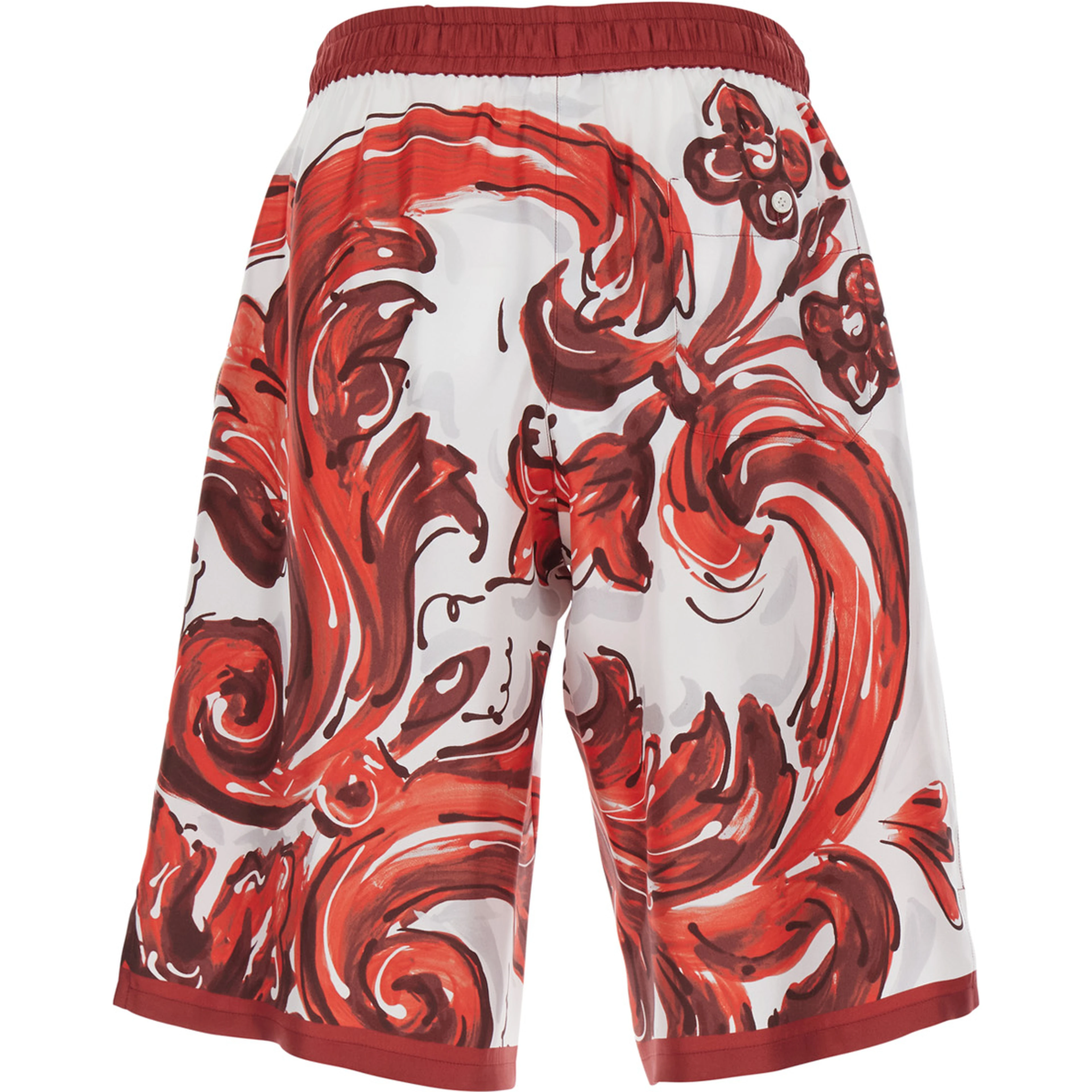 Bordeaux Bermuda Shorts with elasticated waist and drawstring and all-over Maiolica print in silk for men
