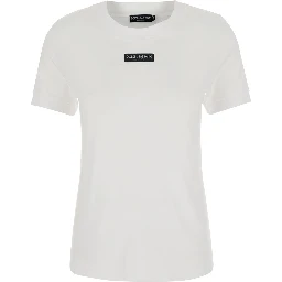 white T-shirt with logo patch on the front in cotton for women