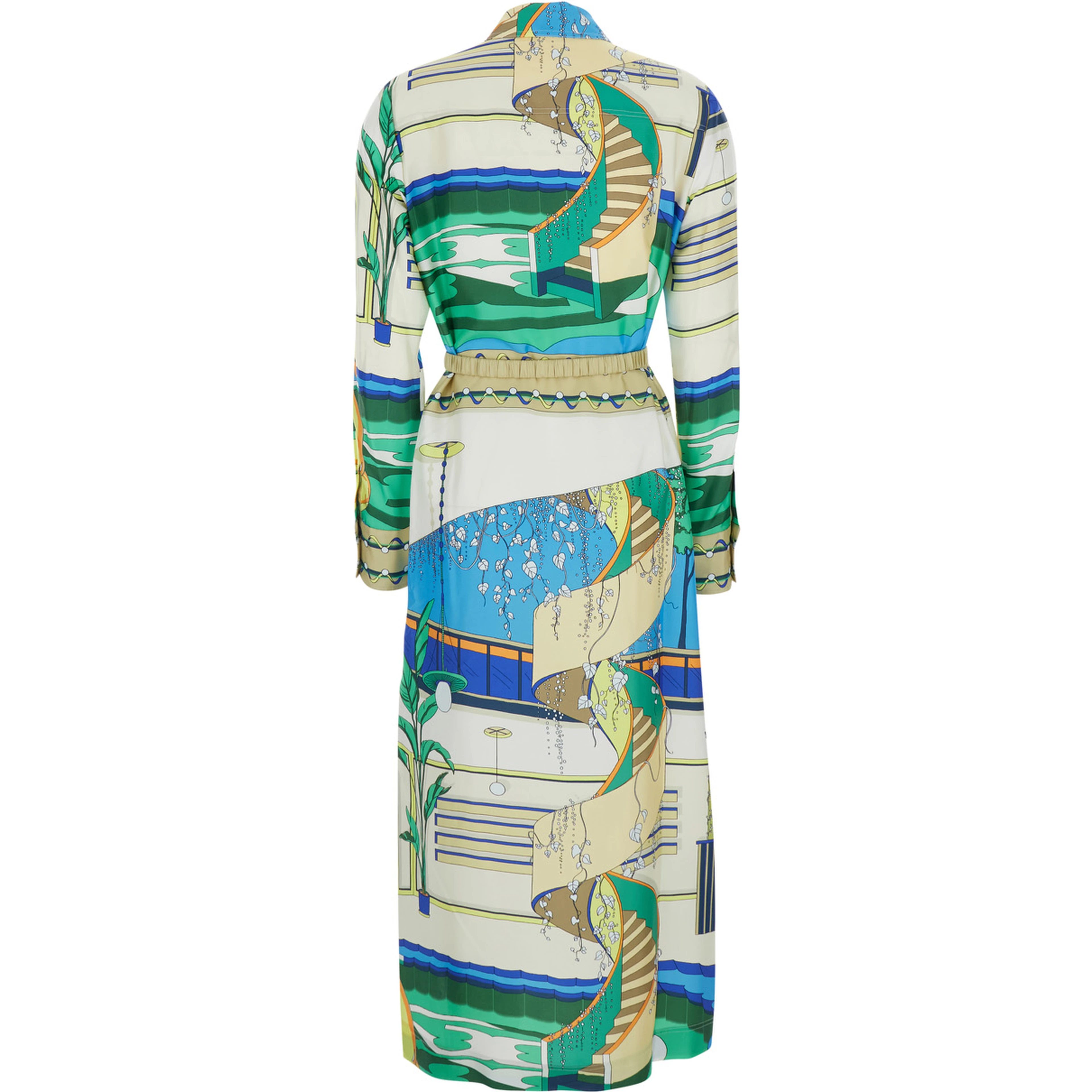 multicolor Long dress with waist belt and all-over print in silk for women
