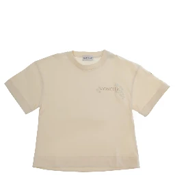 Pink Crew neck T-shirt with logo lettering on the front and logo patch on the sleeve in cotton girl