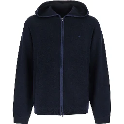 black Sweater with zip and logo patch on the front in wool for men
