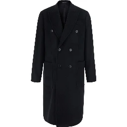 Black Double-breasted coat with Peak revers in wool and cashmere for men