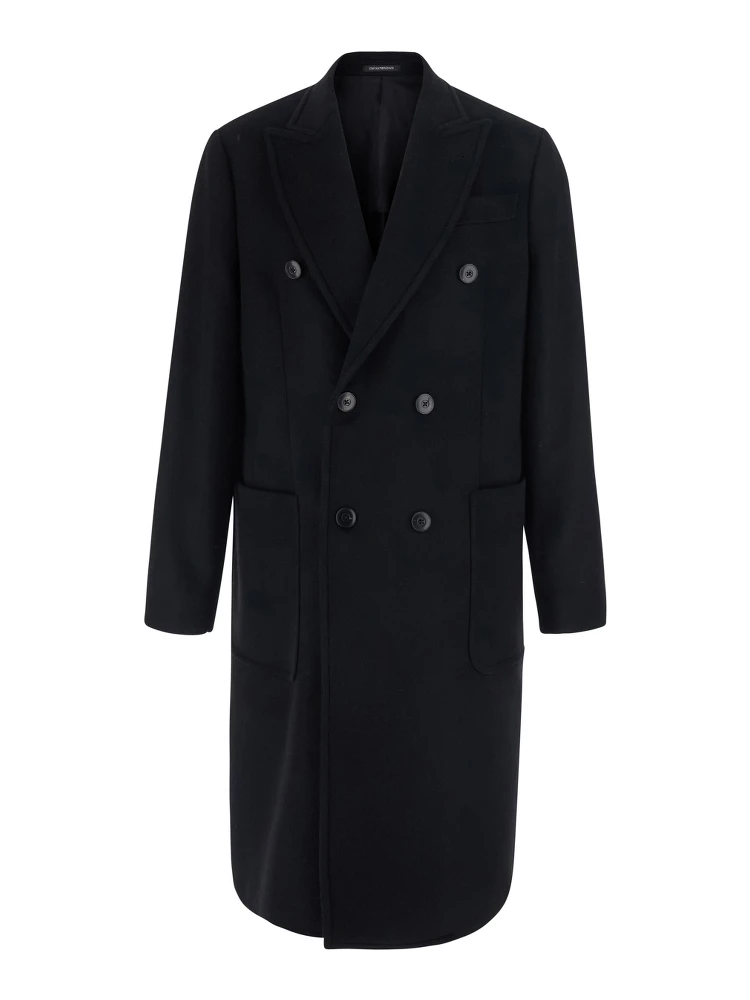 Black Double-breasted coat with Peak revers in wool and cashmere for men