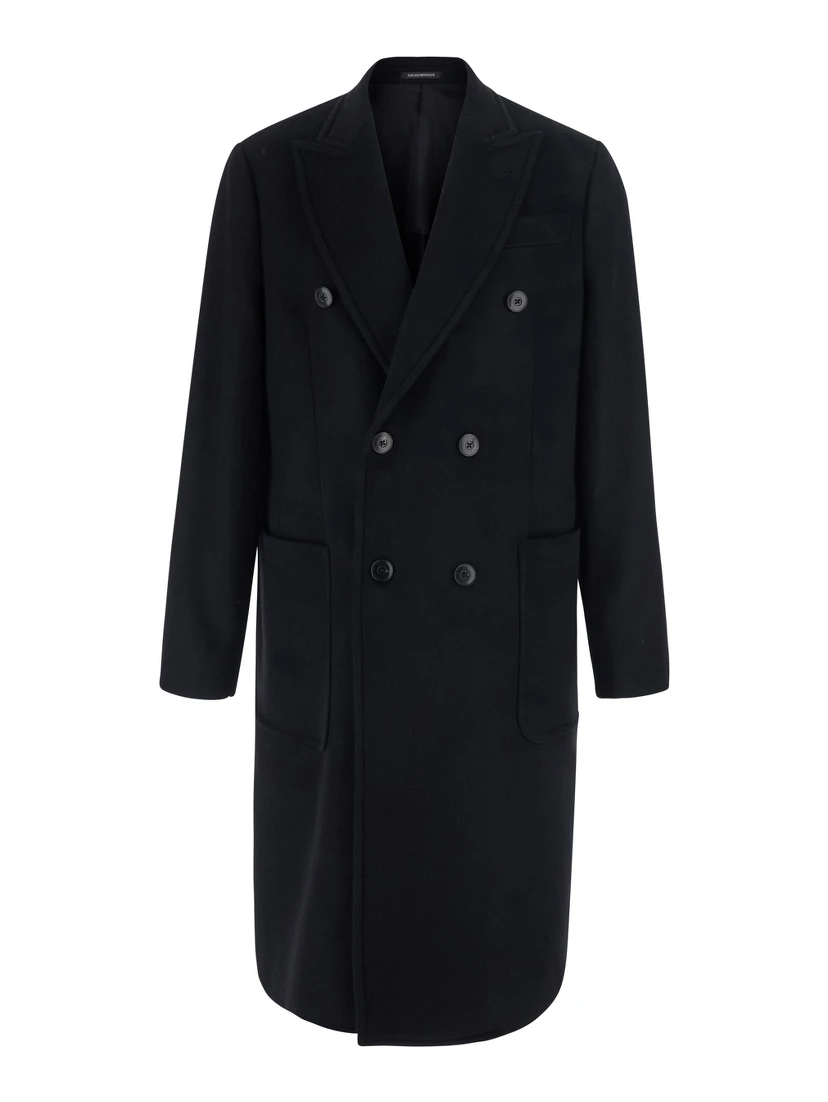 Black Double-breasted coat with Peak revers in wool and cashmere for men