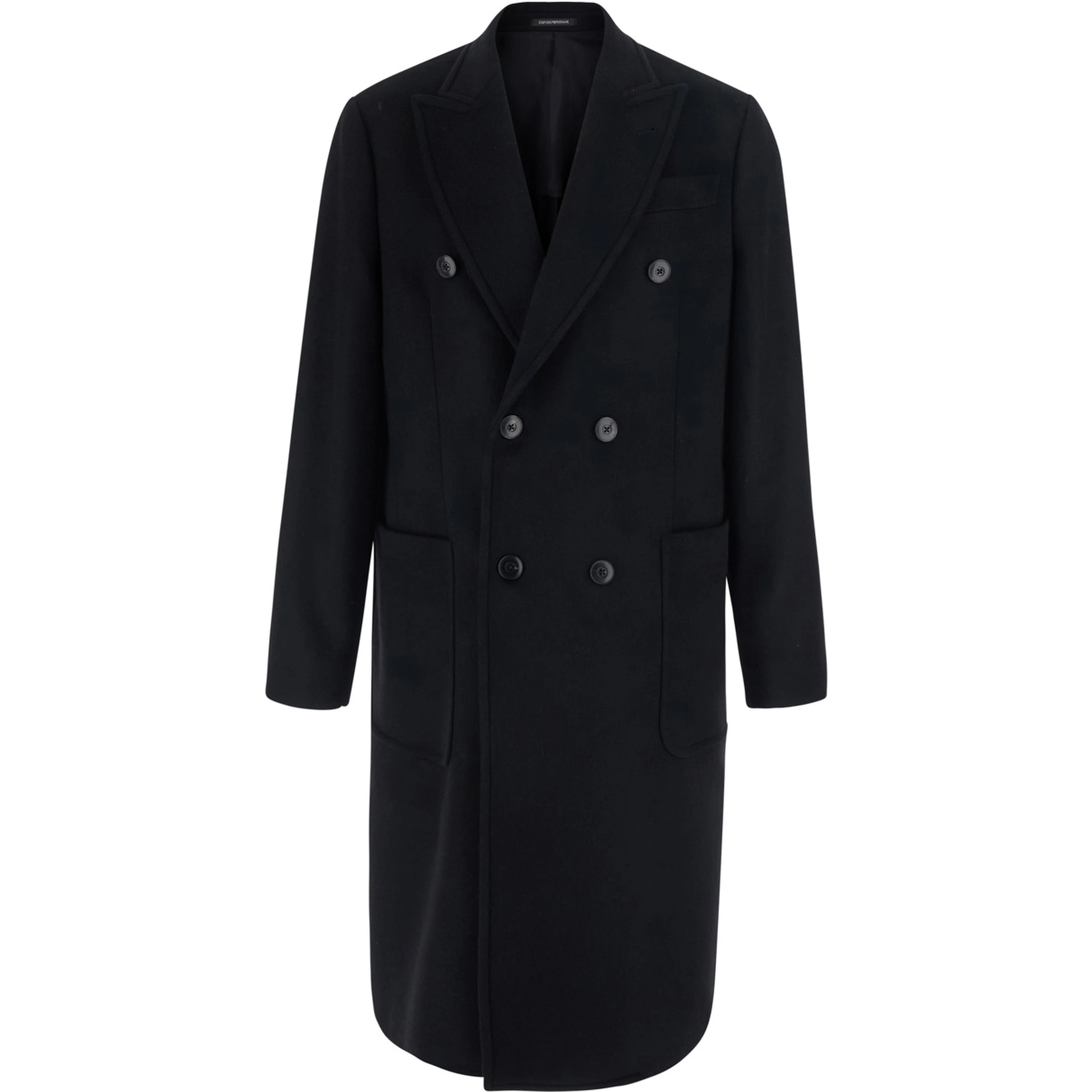 Black Double-breasted coat with Peak revers in wool and cashmere for men