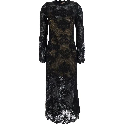 Black Crew Neck Long Dress with All-Over Floral Embroidery in Tech Fabric for Women
