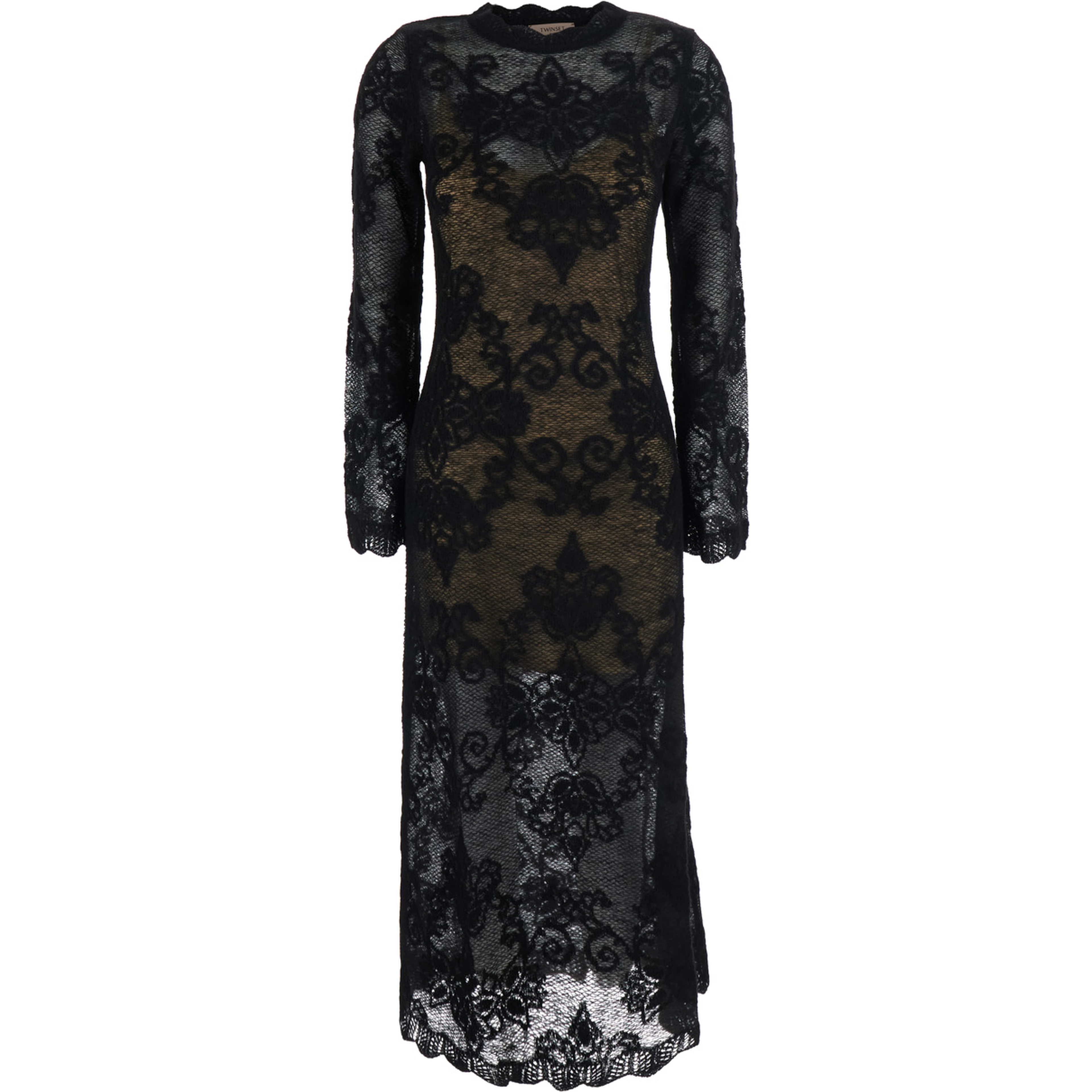 Black Crew Neck Long Dress with All-Over Floral Embroidery in Tech Fabric for Women