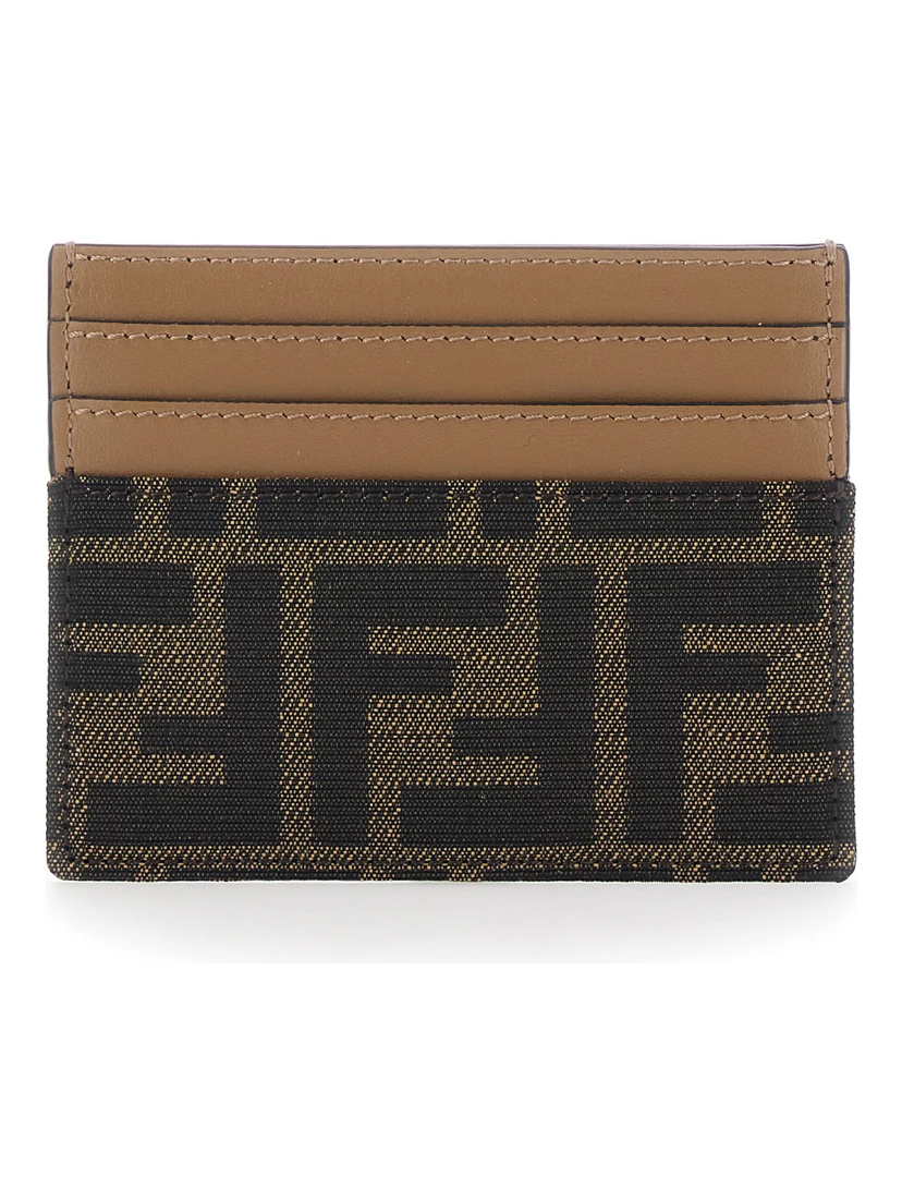 Card holder with FF All-Over Motif in Brown Fabric for women