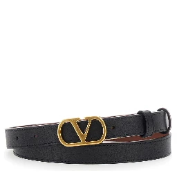 Reversible Belt with VLogo Buckle in Black Leather for Women