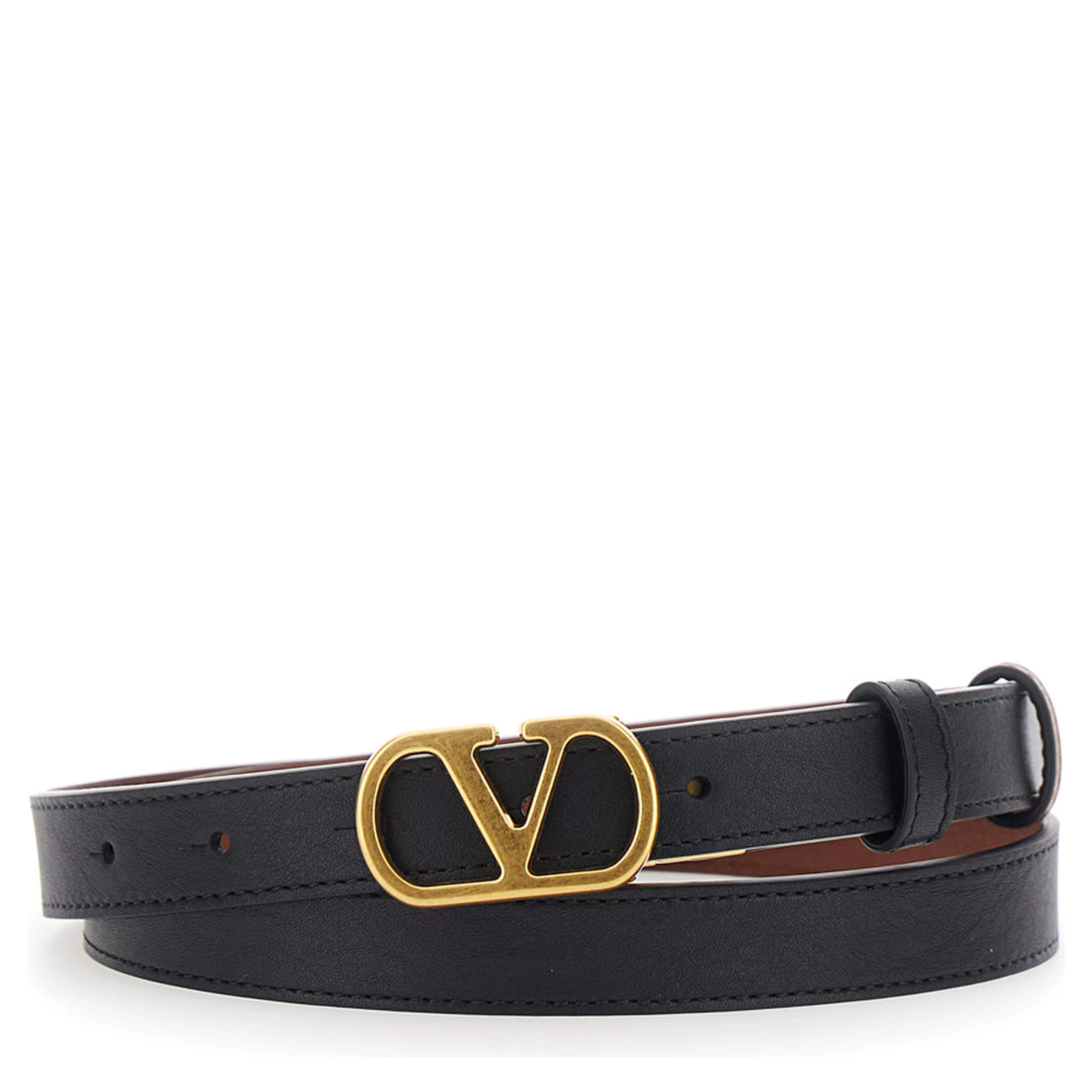 Reversible Belt with VLogo Buckle in Black Leather for Women