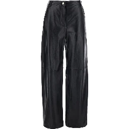 Legno Black Pants with Button and Zip Closure at the Front in Leather for Women