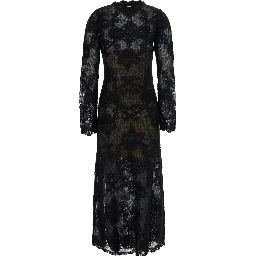 Black Crew Neck Long Dress with All-Over Floral Embroidery in Tech Fabric for Women