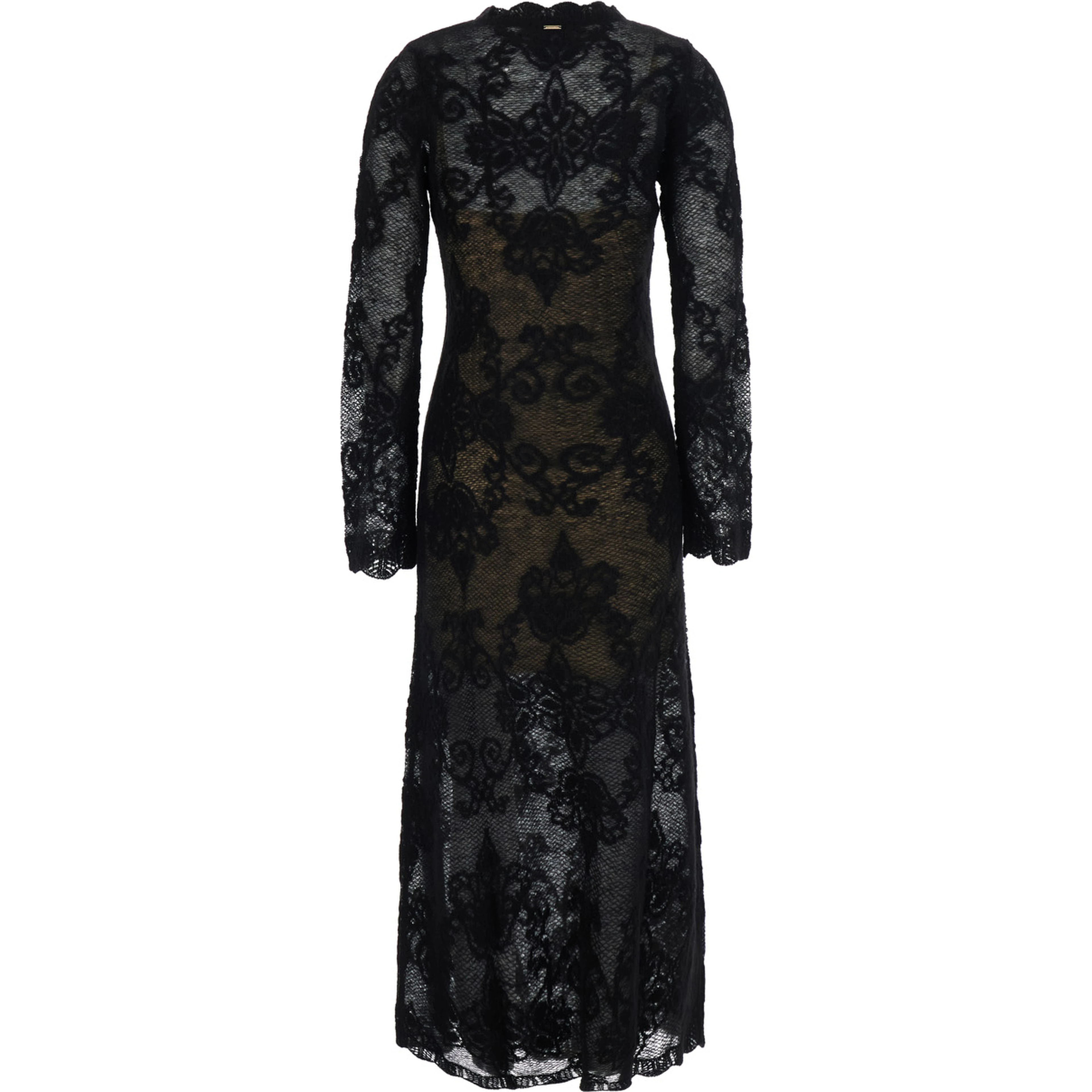 Black Crew Neck Long Dress with All-Over Floral Embroidery in Tech Fabric for Women