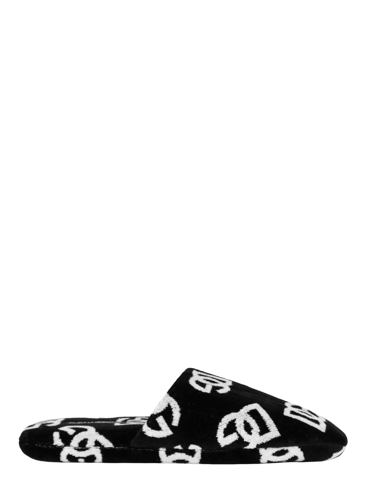 black Slippers with DG all-over Contrasting motif in terry cotton