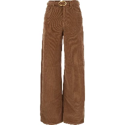Brown Pants with Front Belt with Buckle in Corduroy for Women