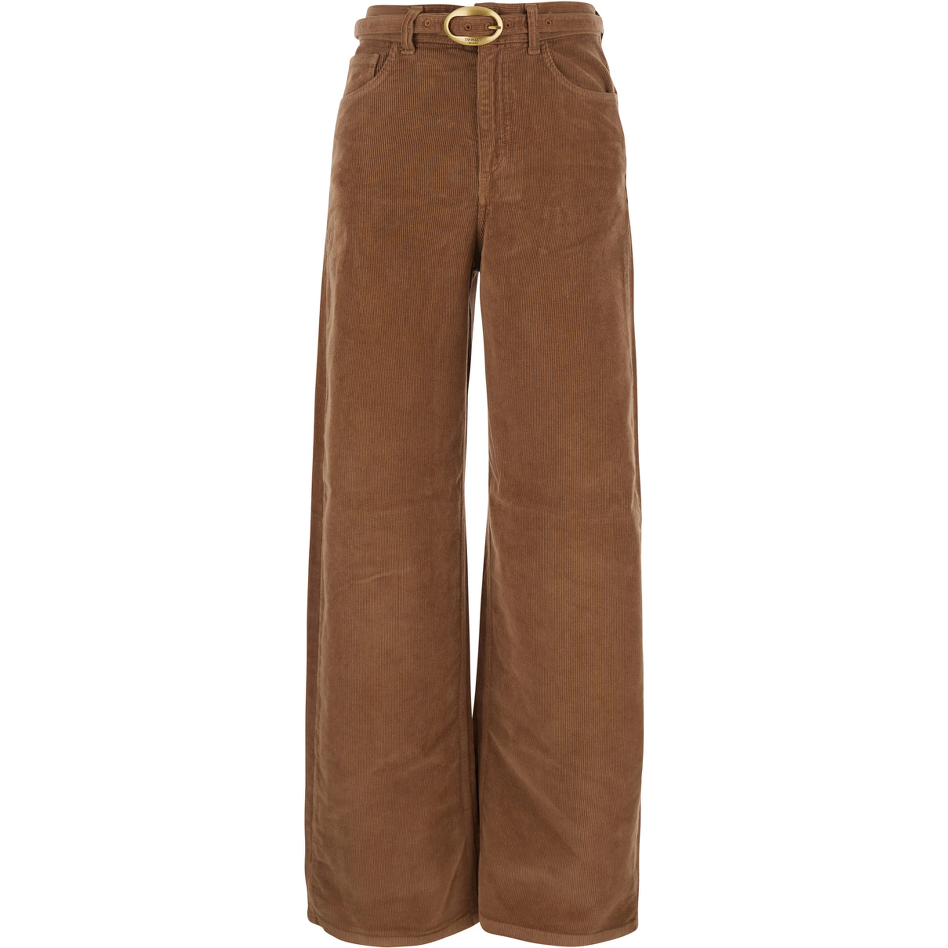 Brown Pants with Front Belt with Buckle in Corduroy for Women