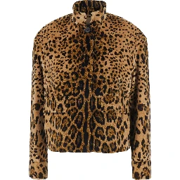 Tedro Brown Crop Jacket with Raised Collar and All-Over Leopard Motif in Velvet for Women