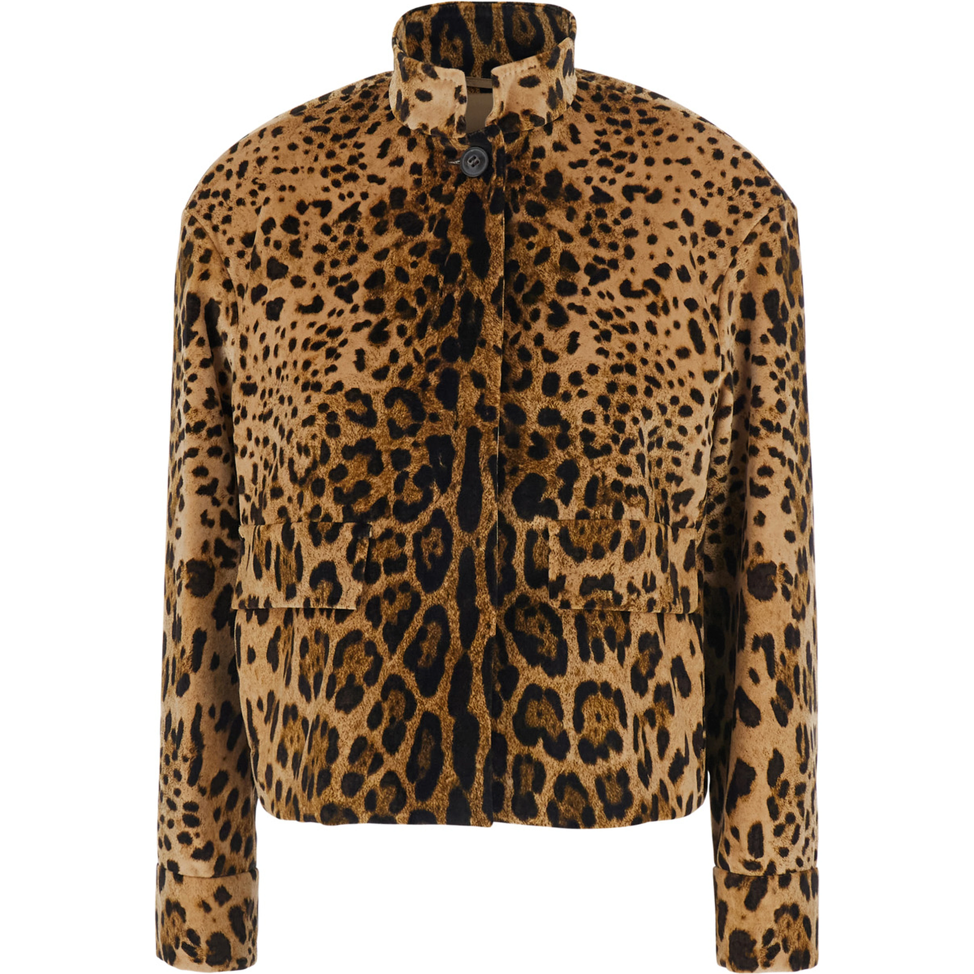 Tedro Brown Crop Jacket with Raised Collar and All-Over Leopard Motif in Velvet for Women