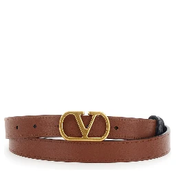 Reversible Belt with VLogo Buckle in Black Leather for Women