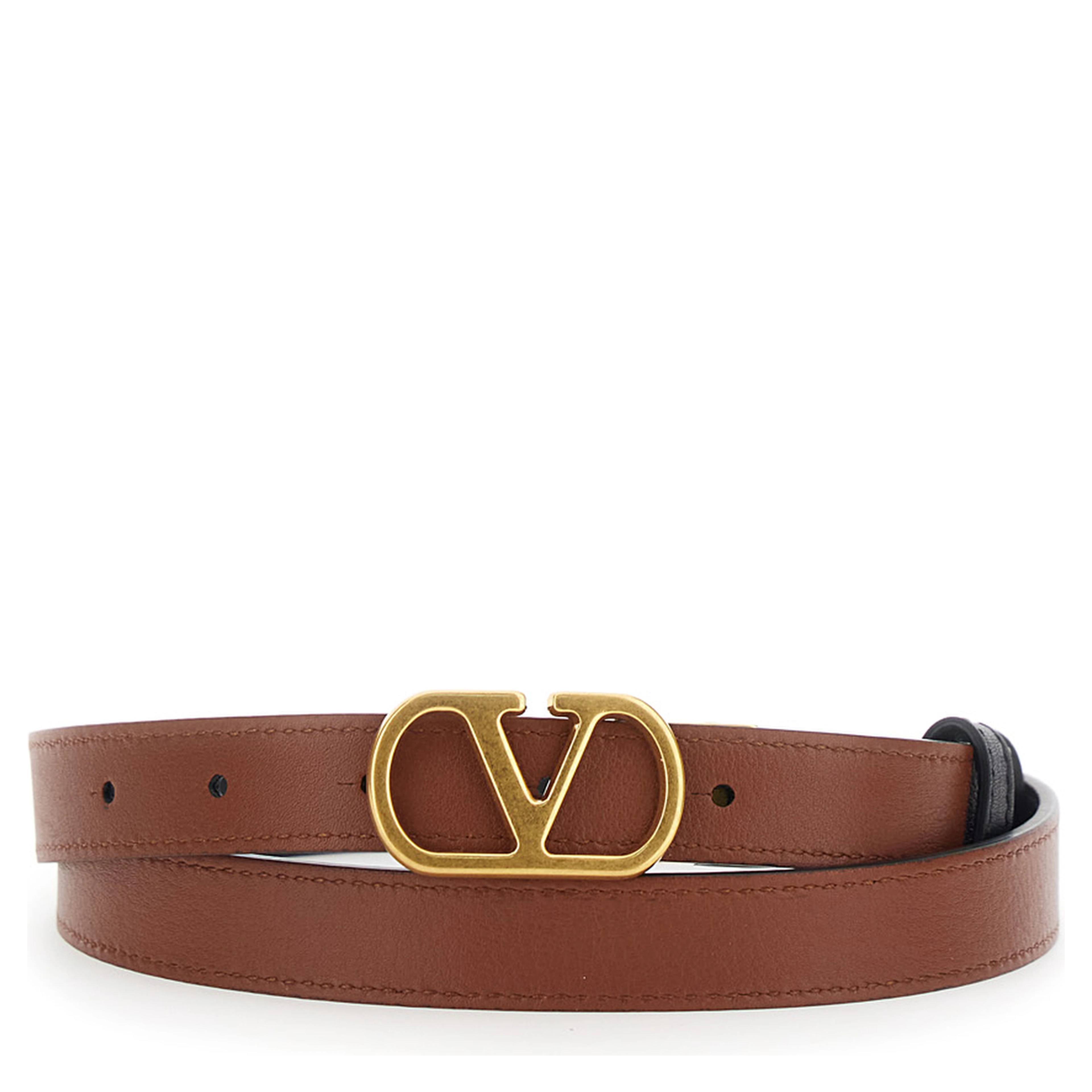 Reversible Belt with VLogo Buckle in Black Leather for Women