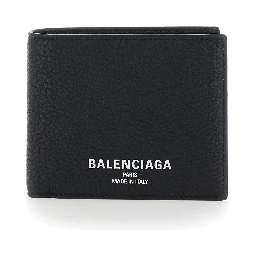 Black Leather Logo Lettering Bifold Wallet for Men