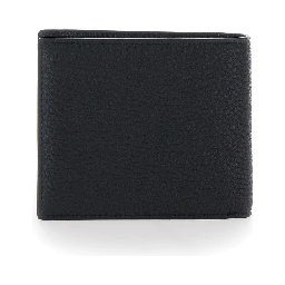 Black Leather Logo Lettering Bifold Wallet for Men