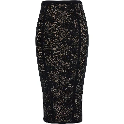Black Midi skirt with elasticated waist and all-over lace embroidery in viscose blend for women