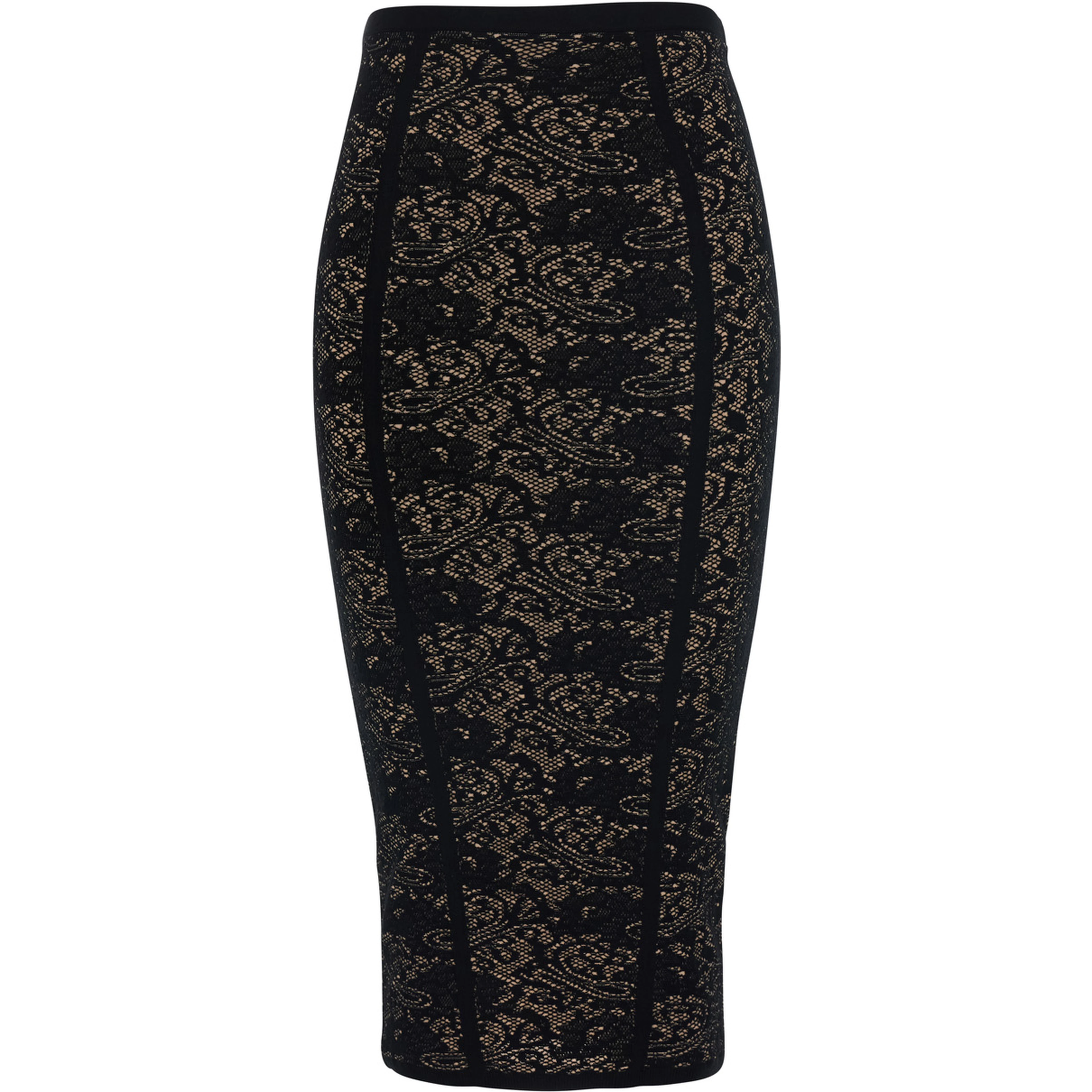 Black Midi skirt with elasticated waist and all-over lace embroidery in viscose blend for women