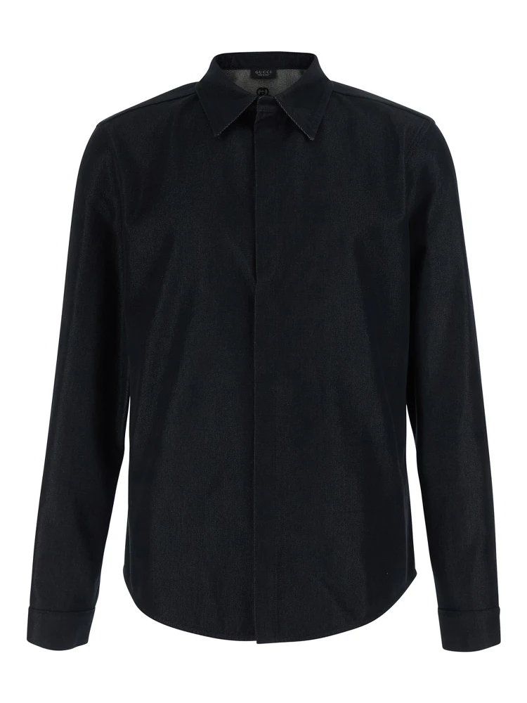 Black Shirt with pointed collar and tone-on-tone GG logo on the back in Denim for Men