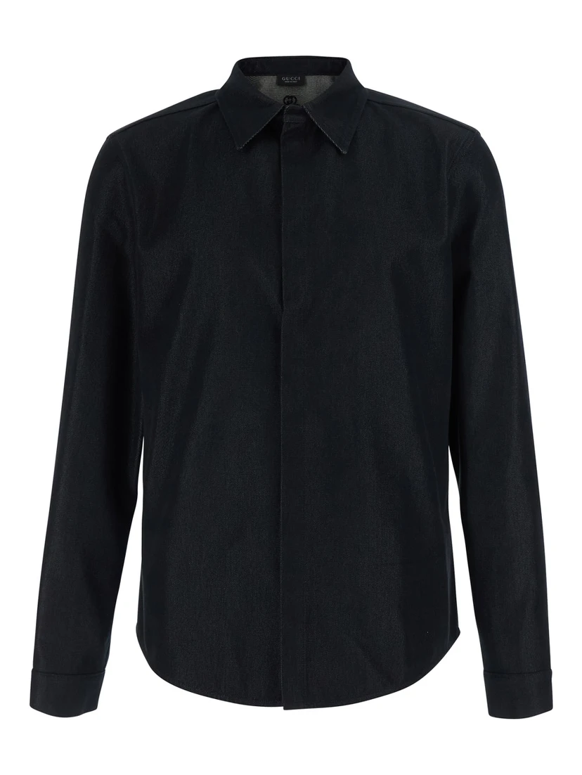 Black Shirt with pointed collar and tone-on-tone GG logo on the back in Denim for Men