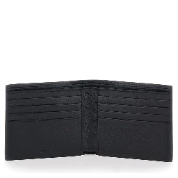 Black Leather Logo Lettering Bifold Wallet for Men