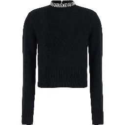 Berlino Black Sweater with Rhinestone Details on the Neck and Logo Patch on the Back in Blend Wool Women