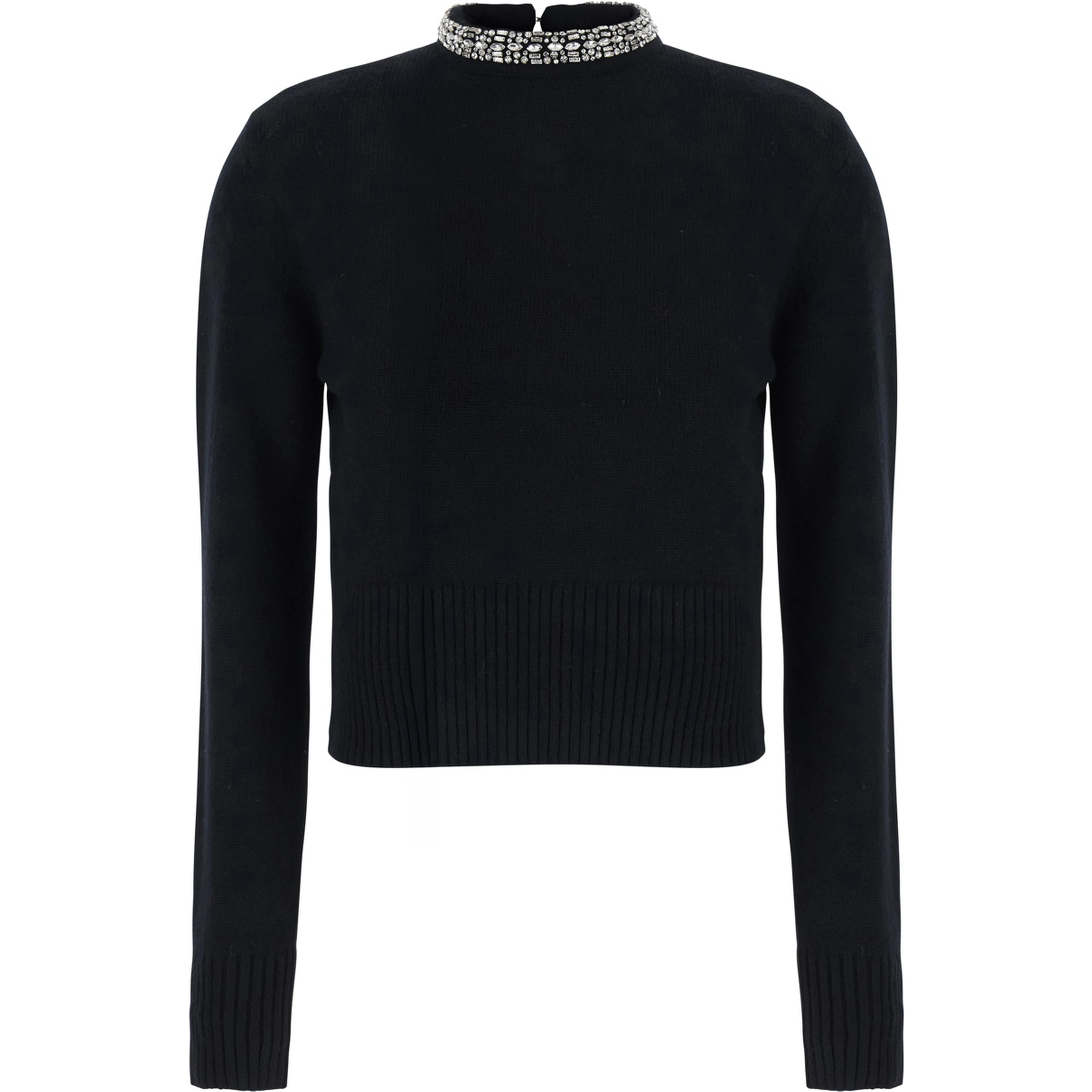 Berlino Black Sweater with Rhinestone Details on the Neck and Logo Patch on the Back in Blend Wool Women