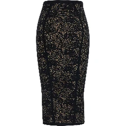 Black Midi skirt with elasticated waist and all-over lace embroidery in viscose blend for women