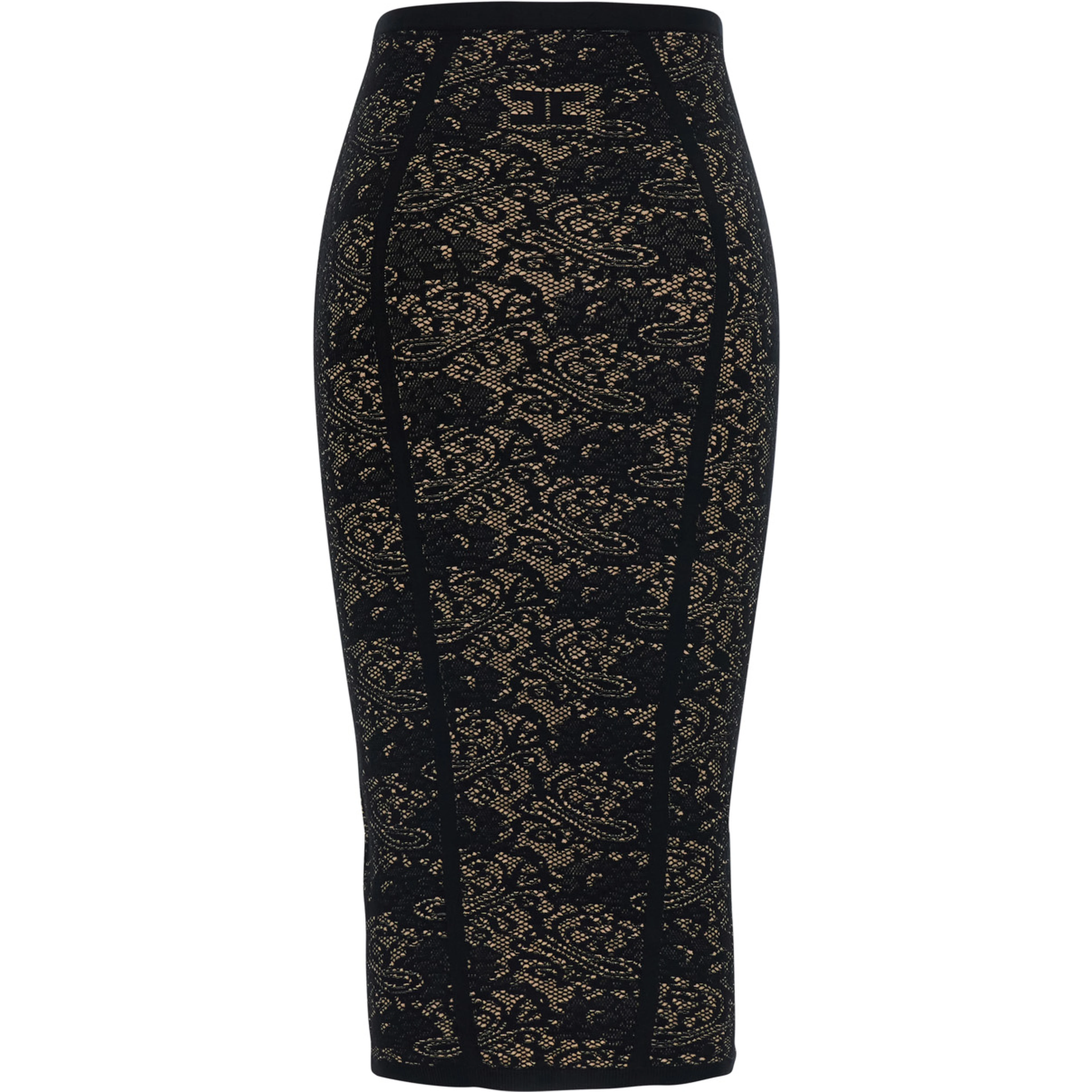 Black Midi skirt with elasticated waist and all-over lace embroidery in viscose blend for women