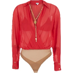 Red Bodysuit with deep V-neck and chain detail on the front in viscose for women