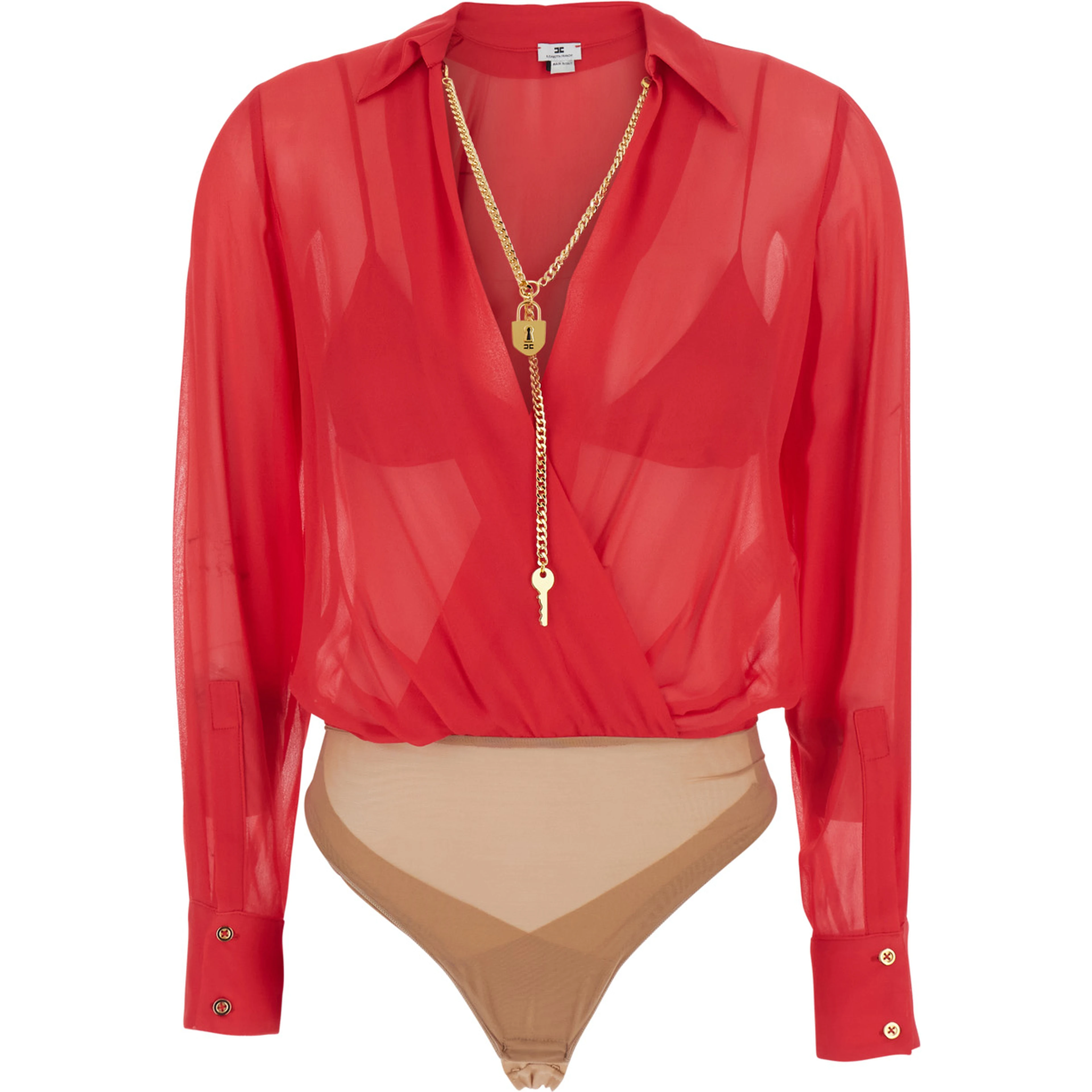 Red Bodysuit with deep V-neck and chain detail on the front in viscose for women