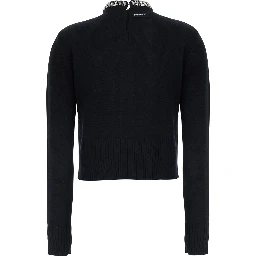 Berlino Black Sweater with Rhinestone Details on the Neck and Logo Patch on the Back in Blend Wool Women