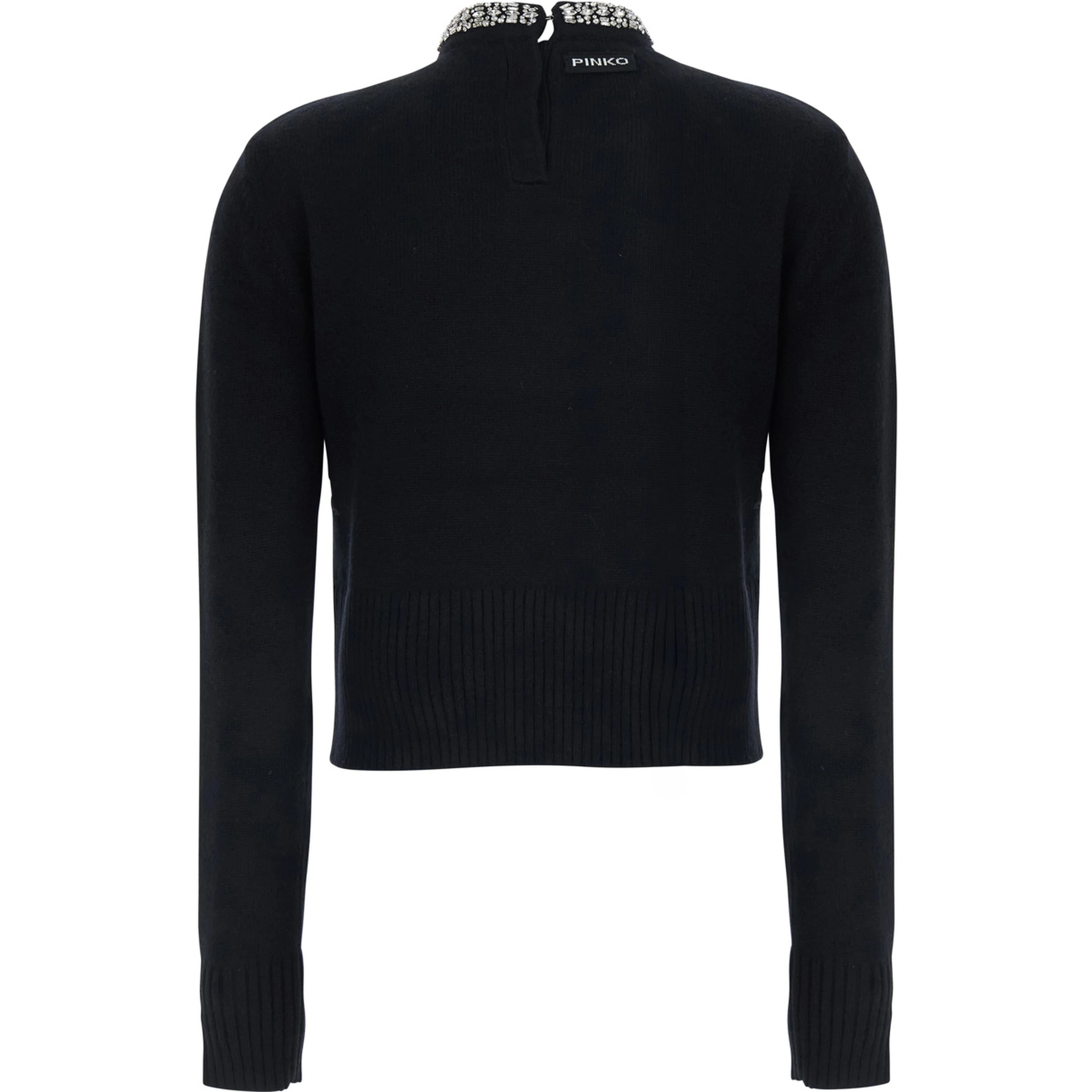 Berlino Black Sweater with Rhinestone Details on the Neck and Logo Patch on the Back in Blend Wool Women