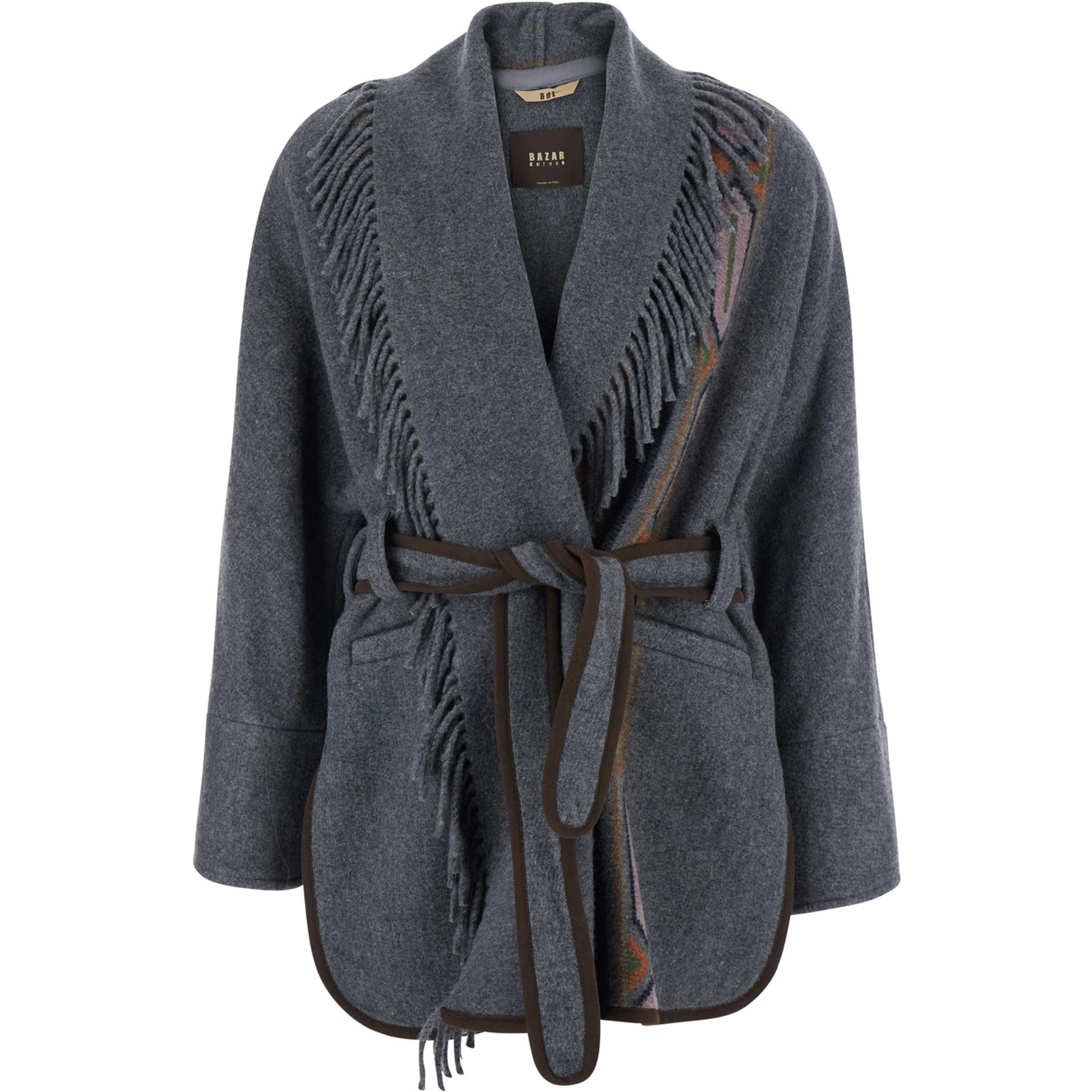 Navajo Bule Coat with front belt and geometric motif in fabric for women