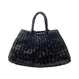 Handbag Santa Croce with Two Top Handles and Woven Design in Black Leather for Women