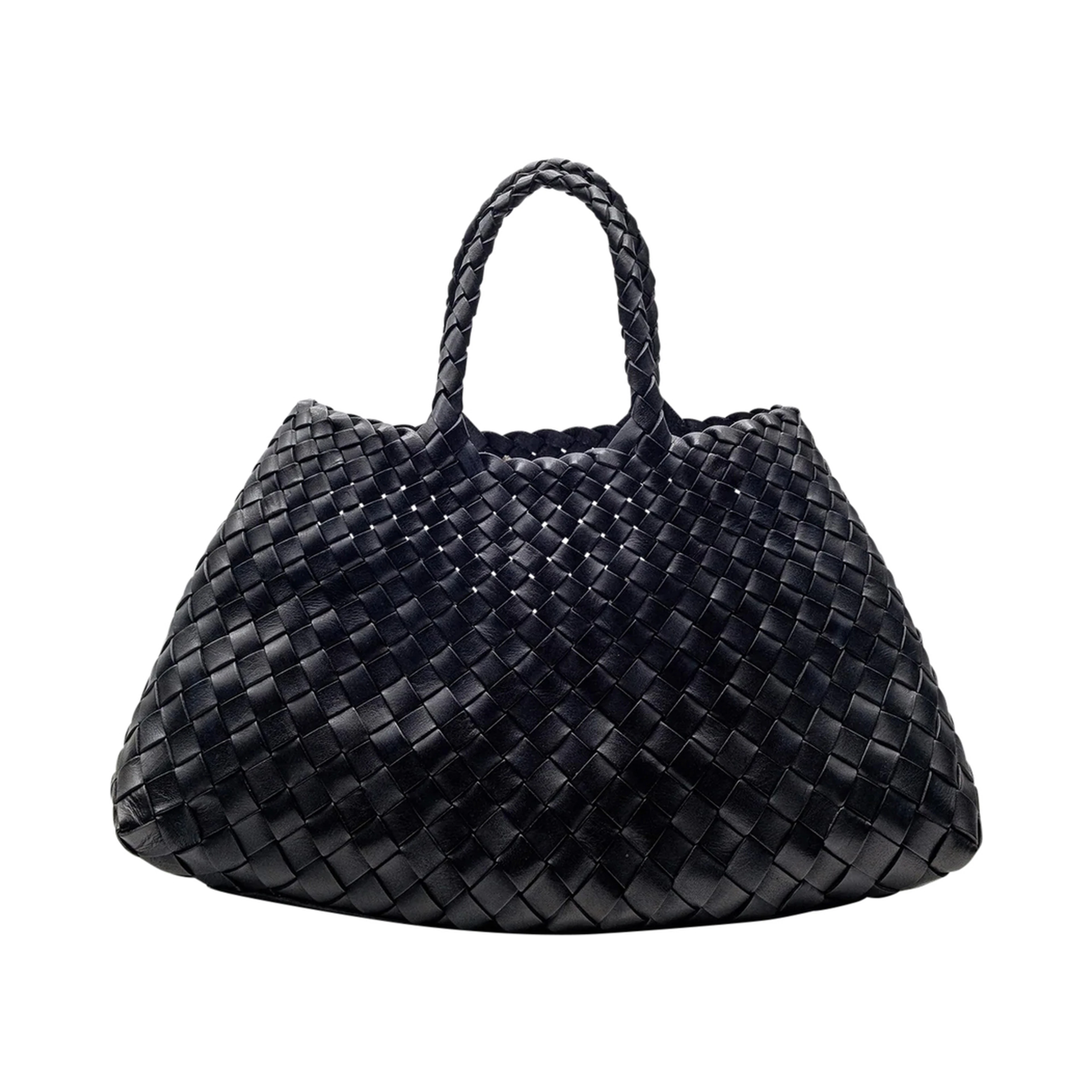 Handbag Santa Croce with Two Top Handles and Woven Design in Black Leather for Women