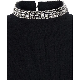 Berlino Black Sweater with Rhinestone Details on the Neck and Logo Patch on the Back in Blend Wool Women