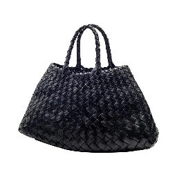 Handbag Santa Croce with Two Top Handles and Woven Design in Black Leather for Women