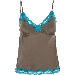 brown Top with spaghetti straps and lace details in fabric for women
