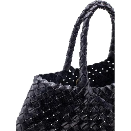 Handbag Santa Croce with Two Top Handles and Woven Design in Black Leather for Women