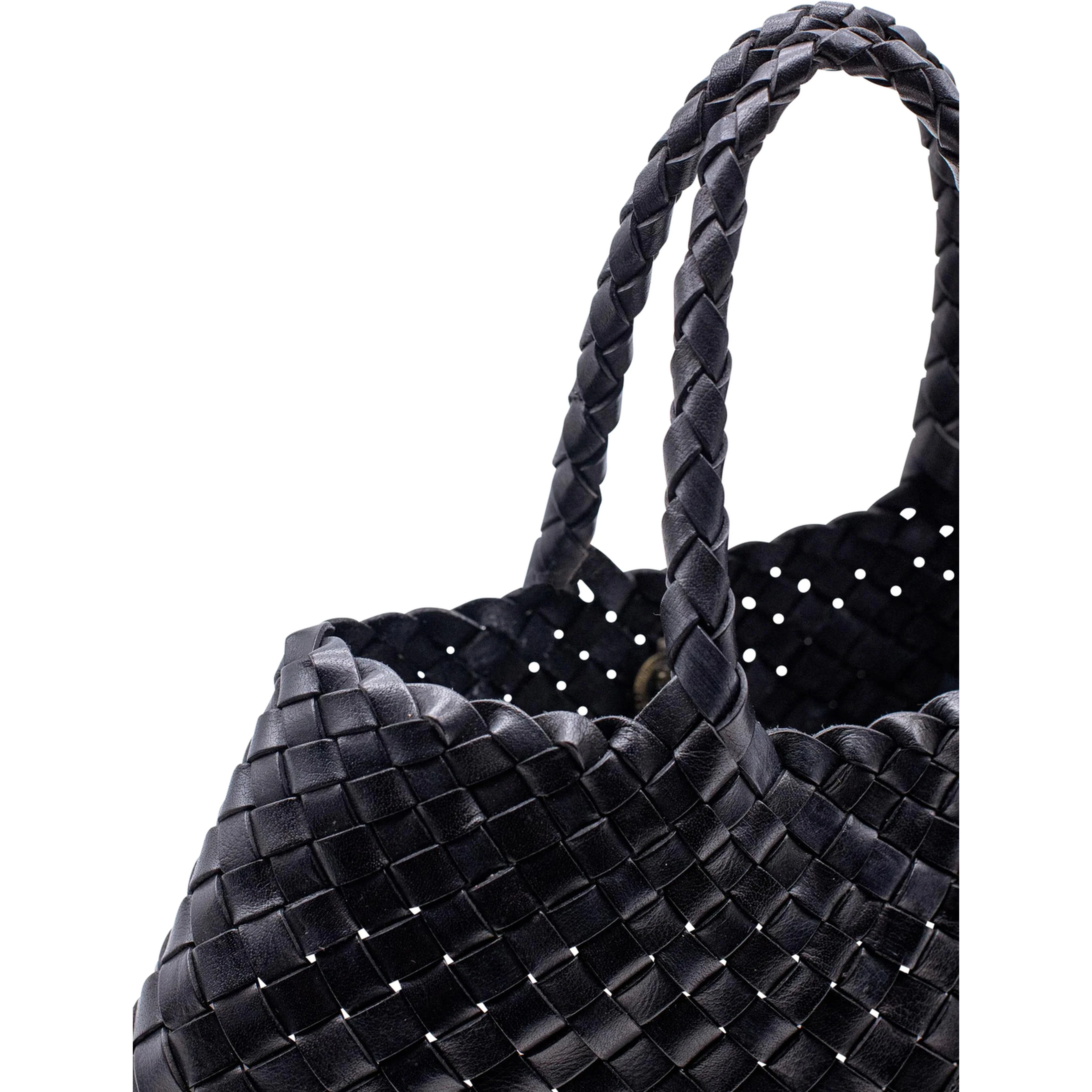 Handbag Santa Croce with Two Top Handles and Woven Design in Black Leather for Women